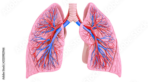 Bild auf Leinwand Human lungs with branching bronchi and blood vessels, isolated on transparent ba