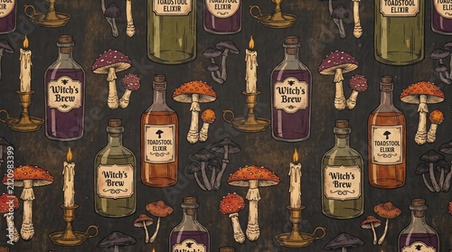 Seamless pattern featuring vintage apothecary bottles and various mushrooms on a dark moody background for creative design
