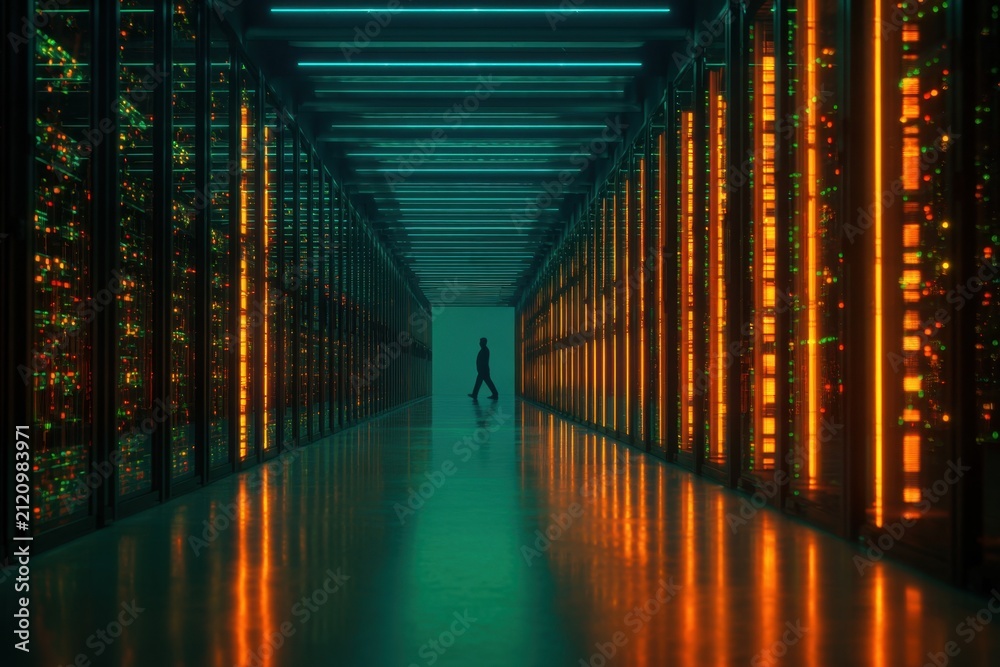 Obraz premium Dramatic view of a person walking through an illuminated hallway inside a data center with rows of servers and colorful lights reflecting on the floor