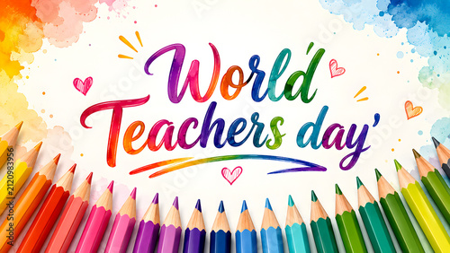 Colorful World Teachers Day greeting card with watercolor style text and pencils.