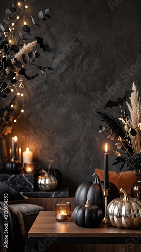 Elegant halloween home interior decor with black and metallic pumpkins candles and dark moody festive floral arrangements