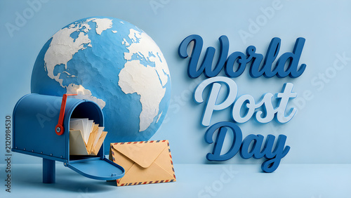 World Post Day celebration with a blue mailbox and globe on a light blue background.