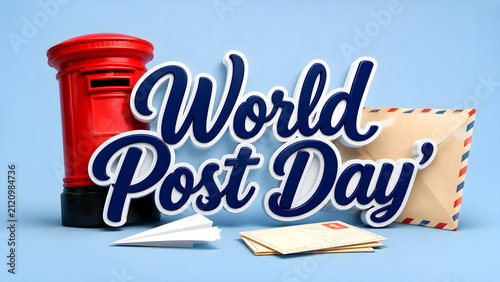World Post Day celebration concept with red mailbox and envelopes on blue background.