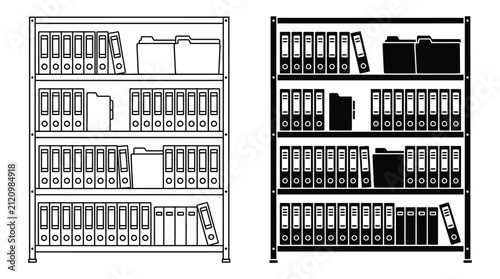 фотографія Organized office shelves with binders and folders in black and white illustratio