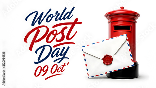 World Post Day celebration concept with red pillar box and airmail envelope.