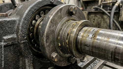 Industrial machinery component featuring a metallic shaft and mechanical bearing assembly.