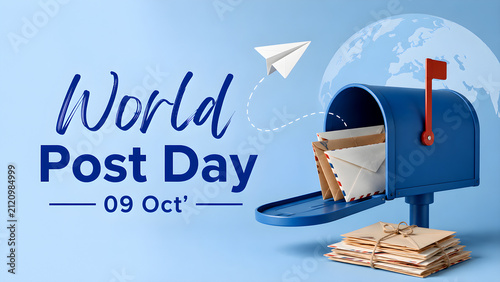 World Post Day celebration concept with blue mailbox and letters on a light blue background.