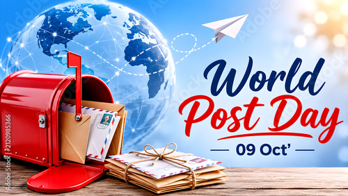 World Post Day celebration concept with a red mailbox and letters on a wooden table.