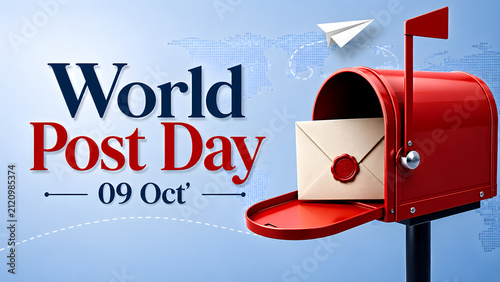 World Post Day celebration concept with a red mailbox and an envelope on a blue background.