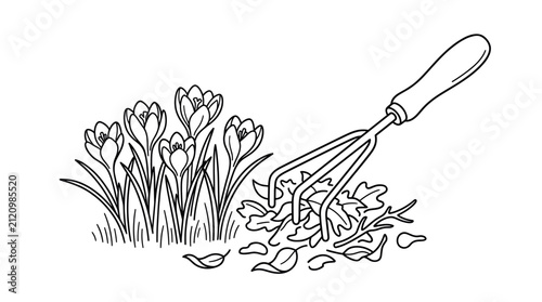 Fotografie Garden rake and fallen leaves near crocus flowers.