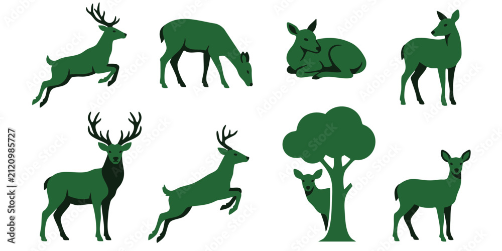 Obraz premium Green deer silhouette set featuring various wildlife poses like jumping, grazing, and resting for nature design