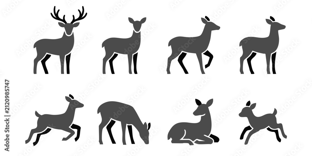 Obraz premium Vector deer silhouette collection featuring stag buck doe and fawn icons in various poses for nature wildlife design projects