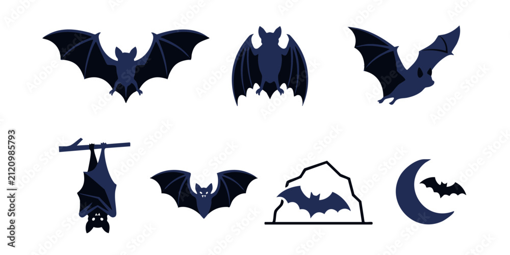 Fototapeta premium Collection of dark blue bat illustrations in various poses and settings, including hanging upside down, in flight, and silhouetted against a moon