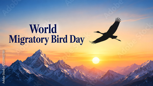 World Migratory Bird Day concept with a flying bird silhouette over snowy mountain peaks at sunrise.