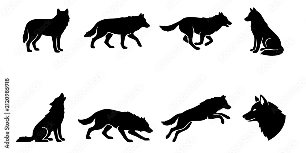 Fototapeta premium Black wolf silhouette collection featuring various poses like howling, running, and jumping for wildlife nature graphic design concepts