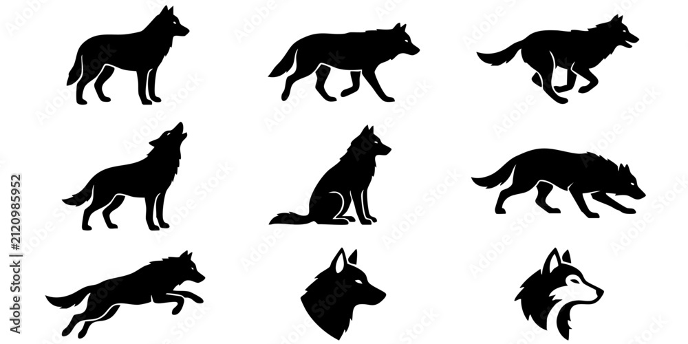 Fototapeta premium Black wolf silhouettes set featuring wild animals in various poses