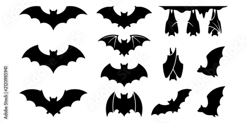 Картината върху платно Silhouettes of Various Bats Flying and Hanging, Ideal for Halloween and Spooky T