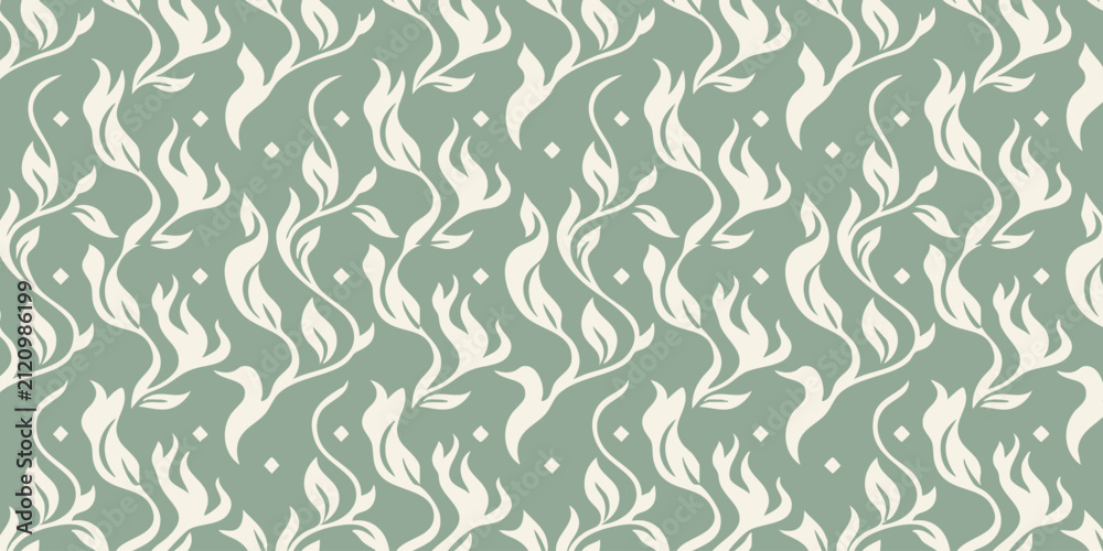 Fototapeta premium Abstract organic pattern with flowing natural motifs in a calming sage green and cream color palette for textile design and wallpaper