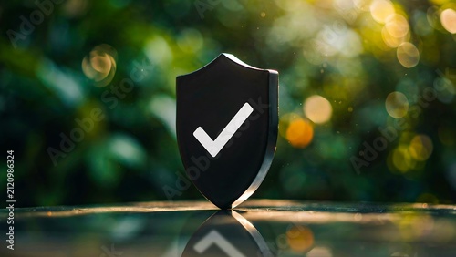 Black security shield with check mark outdoors representing trust and digital protection