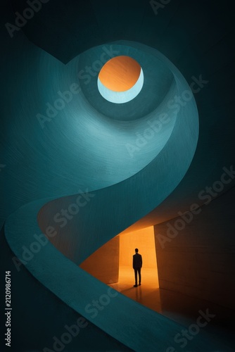 Person standing in the center of a spiral structure with soft light and shadows during a quiet moment of reflection