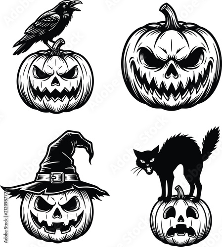  Halloween scary pumpkin vector collection with spooky jack o lantern witch hat black cat and crow illustration set
