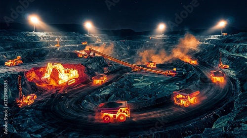 Industrial mining operation with heavy machinery working at night.
