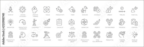 Productivity line icon set. Featuring system efficiency, workflow, performance boost, and team collaboration. Vector icons for pitch decks, reports, and productivity apps.