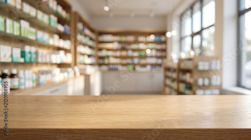 Wooden pharmacy checkout counter with vase and blurred medicine shelves wellness store health care pharmacy interior pharmacy drugstore medicine interior business