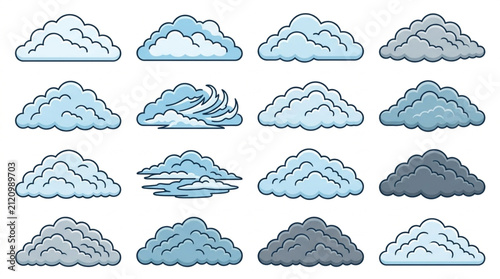 Bild auf Leinwand Collection of various hand drawn cloud illustrations in blue and gray tones