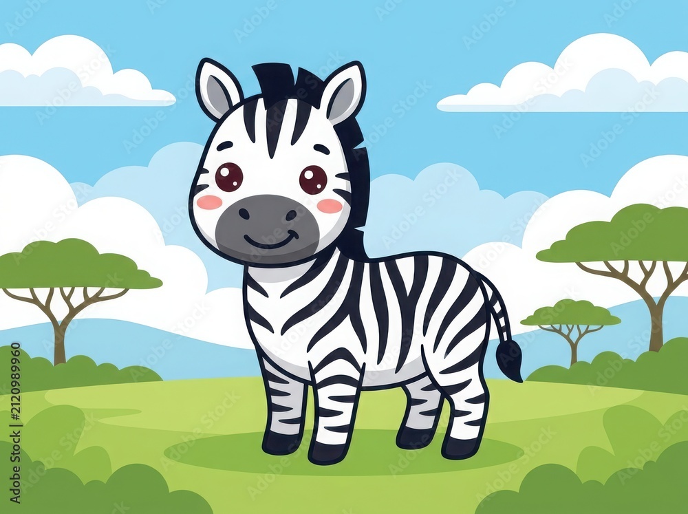 Obraz premium Cute little zebra cartoon standing in a green savannah landscape with blue sky and acacia trees
