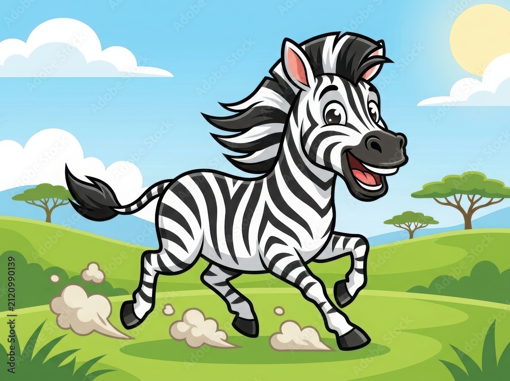 Obraz premium Happy cartoon zebra running fast through the sunny african savanna landscape
