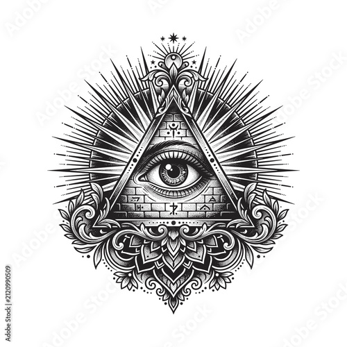 Detailed all-seeing eye tattoo illustration inside a radiant pyramid with ornamental flourishes, mystical symbols, and black and white engraving style for sacred geometry artwork