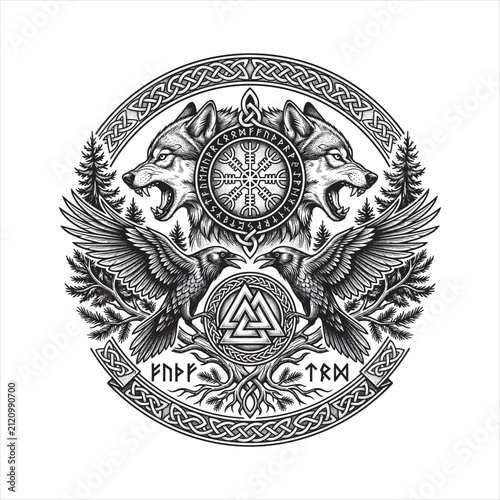 Intricate Viking-inspired tattoo illustration featuring twin wolves, soaring ravens, Vegvisir compass, Valknut symbol, Nordic runes, and Celtic knotwork in detailed black and white engraving style