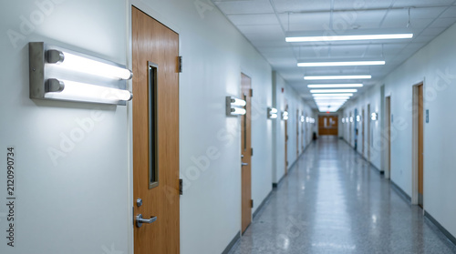 Institutional corridor featuring bright led tube lights on white walls and light brown wooden doors along long perspective walkway with polished grey stone flooring.