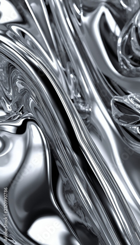 Stunning Abstract Chrome Silver Liquid Metal Surface with Flowing Reflective Waves and Smooth Glossy Curves, Luxury Metallic Abstract Art Photography