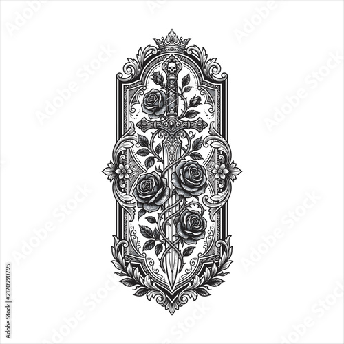 Intricate gothic tattoo illustration featuring an ornate sword wrapped with blooming roses and thorny vines inside a decorative vintage frame, rendered in elegant black and white line art