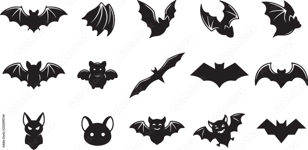Fototapeta premium Set of black bat silhouettes for halloween design elements with silhouette