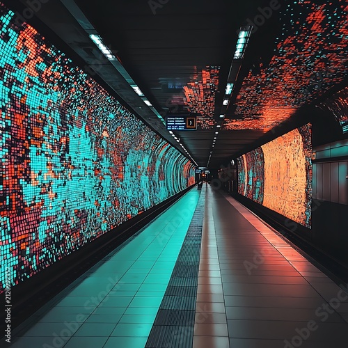 Futuristic Subway Tunnel with Data Visualization Walls.