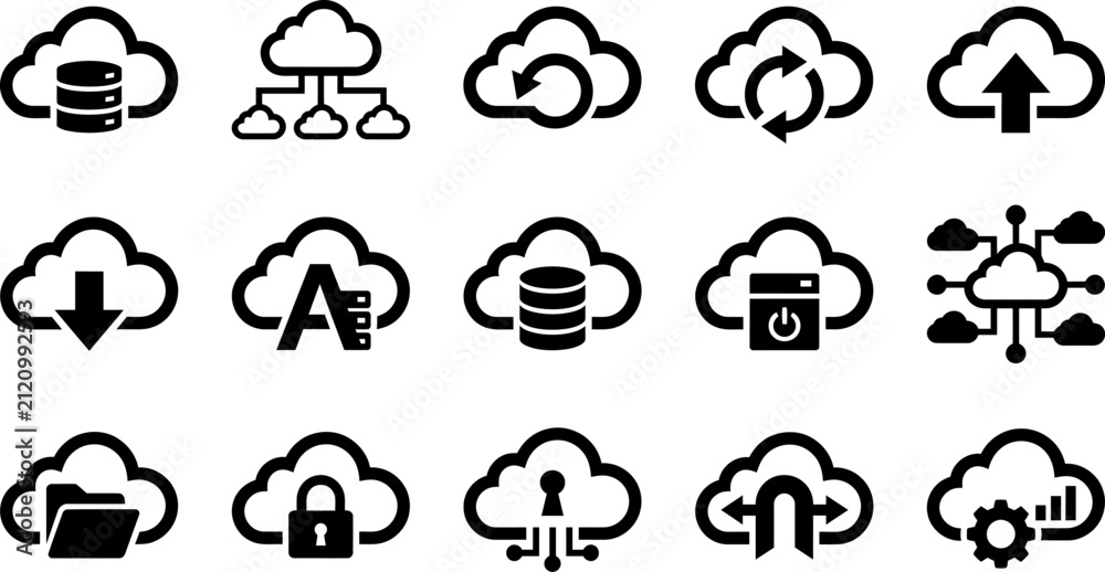 Obraz premium Set of fifteen black cloud computing icons representing data storage network security and digital cloud technology services