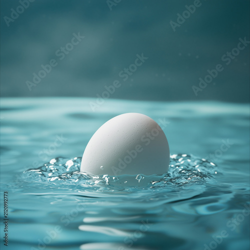 Minimalist studio shot of a white chicken egg sinking into clear blue water, creating gentle ripples and splashes