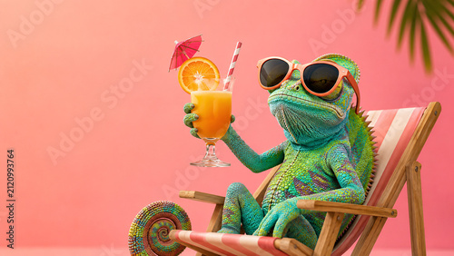 Funny green chameleon wearing sunglasses relaxing on a beach chair holding a tropical orange cocktail against a vibrant pink background.