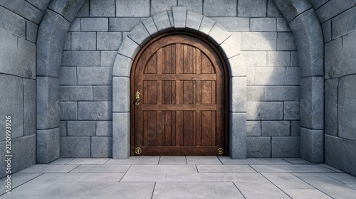 sturdy wooden arched door set within a gray stone brick wall in a medieval-style corridor.