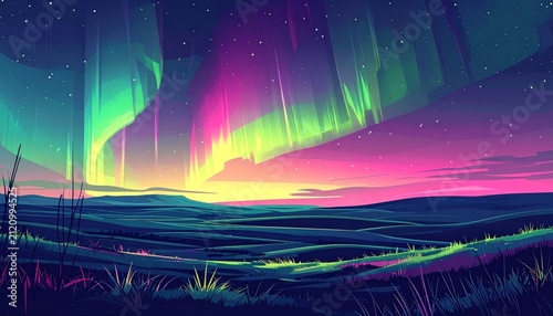 Vibrant Aurora Borealis Over Serene Night Landscape.