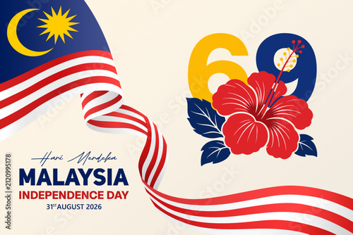 Fotografie Independence Day Malaysia background with the official 69th celebration theme and Hibiscus flower emblem