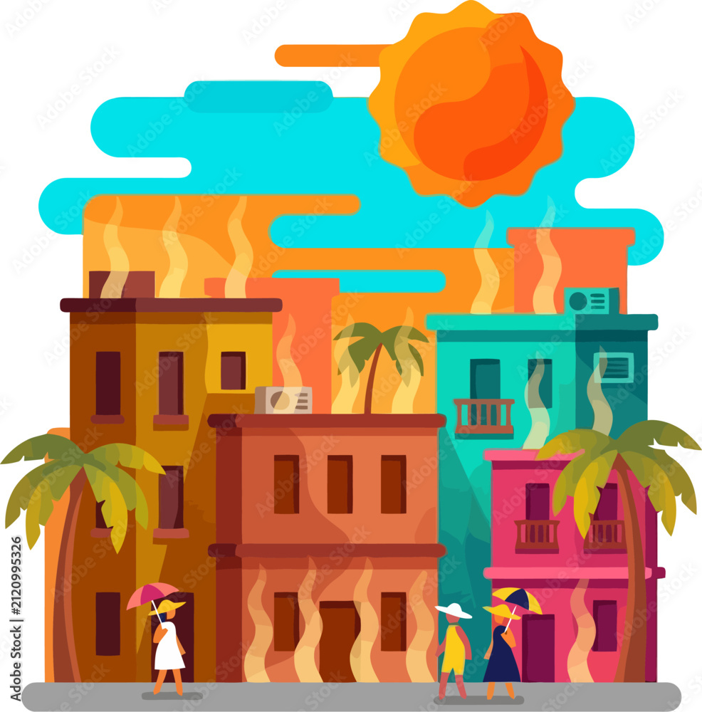 Naklejka premium Colorful city buildings under a blazing hot sun with visible orange heat waves