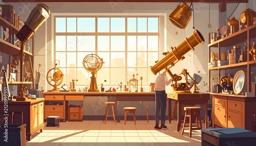 Vintage Laboratory with Antique Telescope and Scientific Instruments.