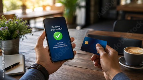 Hands holding a smartphone with payment successful screen and a credit card at a cafe. Wireless internet online shopping and secure mobile banking concept.