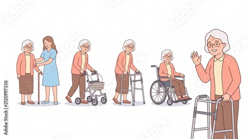 Elderly Woman Mobility Progression with Caregiver, Walking Cane, Walker and Wheelchair, Senior Healthcare and Rehabilitation Illustration