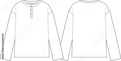 Drop Shoulder Henley Neck Long Sleeve Top Fashion Flat Sketch Front and Back Technical Drawing on Transparent Background