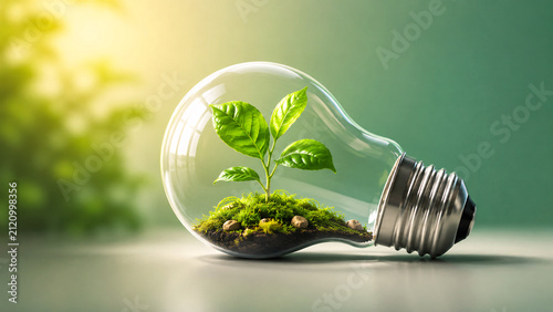 Green plant growing inside light bulb for clean energy, sustainable development, environment protection, renewable power, eco concept, zero waste, climate action, smart ecology idea